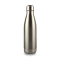 A drink bottle in a sleek metallic finish with a screw-top lid and a circular base. Features a logo on the surface.