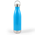 A drink bottle with a vibrant blue exterior and a stainless steel base, featuring a metal hanger lid for easy carrying.