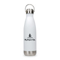 A drink bottle in white with a stainless steel base and a hanger lid, featuring a logo.