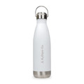 A drink bottle in white with a stainless steel bottom and a hanger lid, featuring a logo.