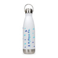 A drink bottle with a white body, stainless steel base, and a silver hanger lid, featuring a logo and blue water droplet designs.