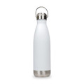 A drink bottle in white with a stainless steel base and a hanger lid, featuring a logo.