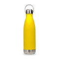 A drink bottle with a bright yellow exterior and a stainless steel bottom, featuring a hanger lid.