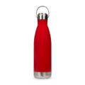 A drink bottle in bright red with a stainless steel base and a hanger lid. It features a logo on the side.