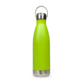A drink bottle in vibrant green with a stainless steel base and a hanger lid. Features a logo on the body.