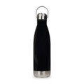 A drink bottle with a hanger lid, featuring a sleek black body and a silver base. Includes a logo.