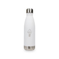 A drink bottle in white with a stainless steel base, featuring a logo and a sleek design.