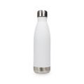 A drink bottle in a sleek white finish with a stainless steel base and lid, featuring a logo.