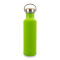 A drink bottle made of recycled aluminium in bright green with a stainless steel cap and bamboo accent.