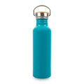 A drink bottle in bright turquoise with a stainless steel top and a wooden cap, featuring a logo.