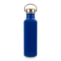 A drink bottle made of recycled aluminium in a bright blue colour, featuring a stainless steel lid and a wooden handle.