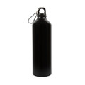 A drink bottle made of aluminum, featuring a sleek black finish and a metal carabiner for easy attachment.