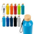A drink bottle collection featuring various colours, including blue, black, red, and green, with a bamboo lid and a logo.
