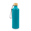 A drink bottle in a vibrant teal colour with a bamboo lid and a carrying strap. It features a logo.