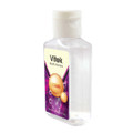 A clear bottle of hand sanitiser with a white cap. The label features vibrant colors and a logo.