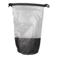 A waterproof bag featuring a clear upper section and black lower section, secured with adjustable straps.