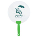 A fan featuring a round white paddle with a green handle and a beach-themed graphic.