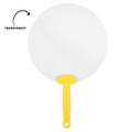 A round, transparent fan with a yellow handle, featuring a simple design and lightweight construction.