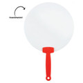 A circular, transparent fan with a red handle, featuring a logo on the handle.