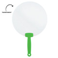 A round, transparent fan with a green handle, ideal for keeping cool. Features a simple design.