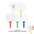 A set of handheld fans in various colours—white, yellow, red, green, and blue—with coloured handles.