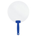 A round, white fan with a blue handle, featuring a simple design and a loop for hanging.