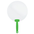 A round, white fan with a green handle, featuring a simple design. The fan has a solid circular surface.