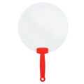 A round fan with a white blade and a red handle, featuring a sleek design and a loop for hanging.