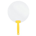 A round fan with a white surface and a yellow handle, featuring a hole for hanging.