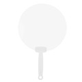 A round, clear plastic fan with a white handle and a hole for easy carrying.