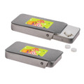 A silver slider tin filled with sugar-free breath mints, featuring a colorful label and two mints beside it.