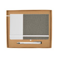A notebook with a gray fabric cover and a pen, packaged in a cardboard gift box.