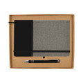 A gift set featuring a grey and black notebook and a black pen, packaged in a simple cardboard box.