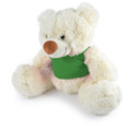 A plush teddy bear in white with a green vest, featuring soft fur and a friendly face.