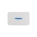 A white power bank with a logo, featuring a sleek, rectangular design suitable for portable charging.