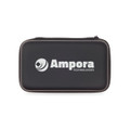 A black zippered case featuring a logo, designed to hold electronic accessories or gadgets.