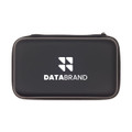 A black zippered case with a logo, designed for storing electronic accessories.