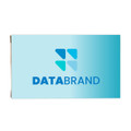 A promotional power bank in a blue gradient with a logo. The design is sleek and modern.