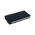 A black wireless power bank with a sleek design, featuring side ports and an integrated charging pad.