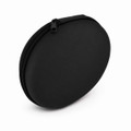 A round black zippered case designed to hold headphones, featuring a smooth exterior.