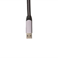 A charging cable with a gray USB connector and a braided black exterior.