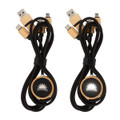 A set of black charging cables with wooden connectors and a logo on a circular wooden holder.