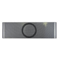 A sleek grey speaker with a textured surface, featuring a circular area for inductive charging.