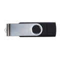 A swivel USB flash drive with a dual 8GB capacity, featuring a sleek black and silver design.