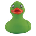 A bright green PVC bath duck with a smiling expression and an orange beak.