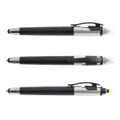 A black stylus pen with a highlighter tip, featuring a silver clip and accents, displayed in three positions.