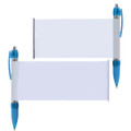 A set of plastic banner pens featuring a clear banner area for custom messages, with blue accents and a retractable tip.