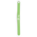 A green pedometer bracelet with a digital display for tracking steps and time, featuring a simple design.