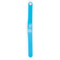 A bright blue Stride Pedometer Bracelet 2.0 with a digital display showing the time and activity metrics.
