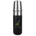 A drink bottle with a black body and stainless steel cap, featuring a logo on the front.